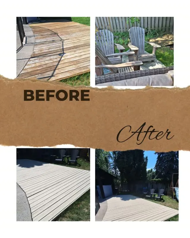 Before and after of a weathered wooden deck, cleaned and stained