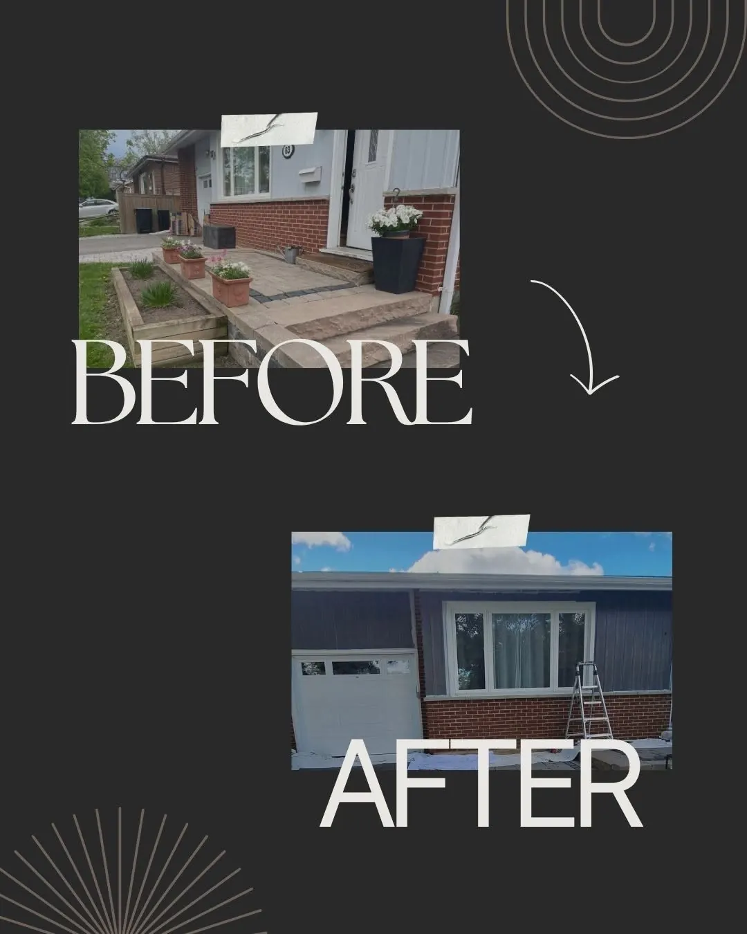 Before and after of a brick home's exterior, refreshed with dark siding and white trim