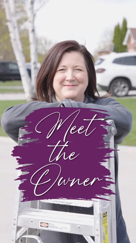 Melissa smiling on a ladder outside, with the words Meet the Owner